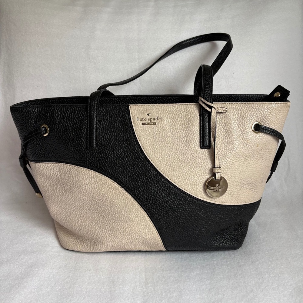 Kate Spade New York Colorblock Pebbled Leather Tote Bag Black Cream PXRU5489